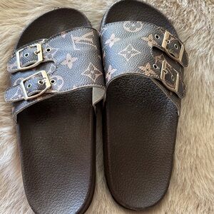Brown Monogram Double Buckle Sandals